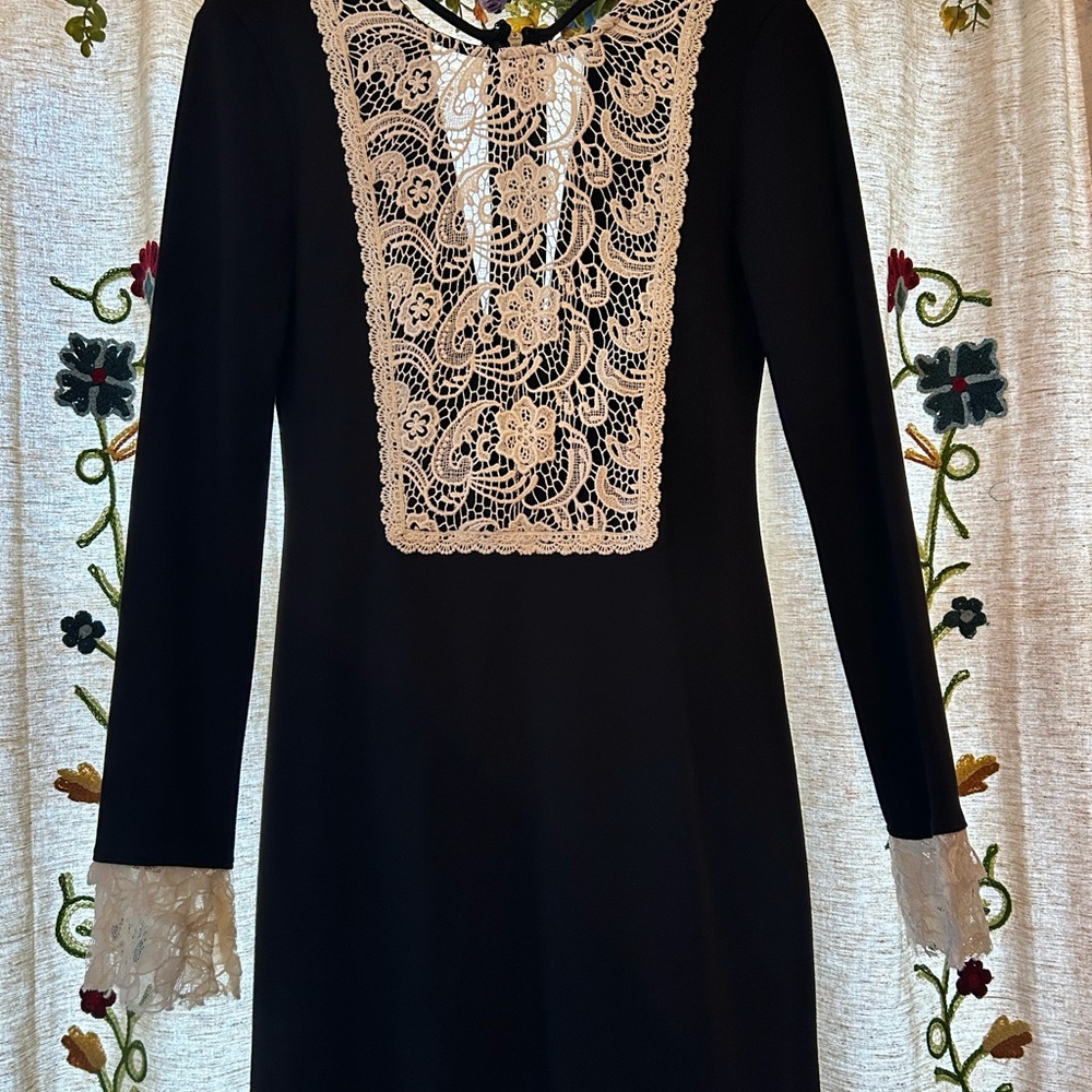 Free People Black and Cream Embellished Long Sleeve Sheath Dress